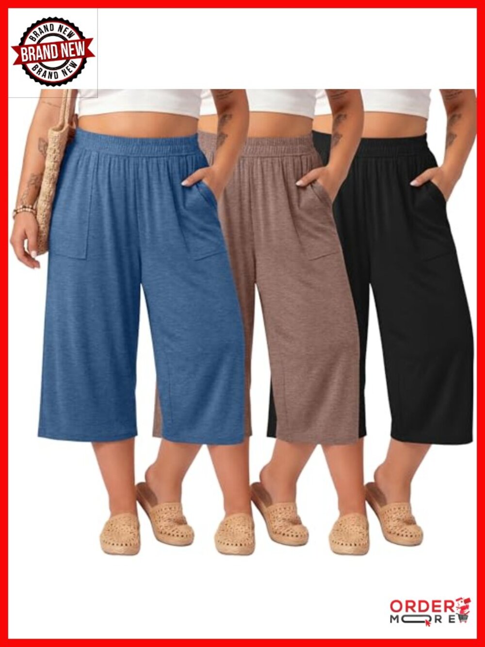 Plus Size Capris Pants 3 Pack Cotton Spandex Wide Leg Cropped Casual